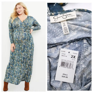 Jessica Simpson Maternity Long Sleeve V-Neck Maxi Wrap Dress Plus 2X Snake Print